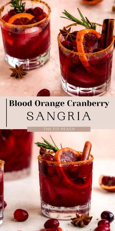 blood orange cranberry sangria in glasses with cinnamon stick garnishes