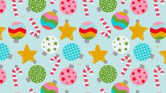 christmas ornaments and candy canes on a light blue background with red, white, green, and blue stars