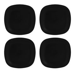 four black plates sitting on top of each other