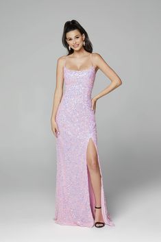 Primavera-Couture-3290-Pink-Cocktail-Dress-Sequins-Tie-Back-Scoop-Neckline Baby Pink Prom Dress, Backless Evening Gowns, Gown For Prom, Sheer Corset, Evening Wear Dresses, Formal Evening Wear, Plastic Dress, Pink Prom Dress, Sequin Prom Dress