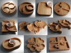 many different types of wooden plates and trays with leaves on them, all made out of wood