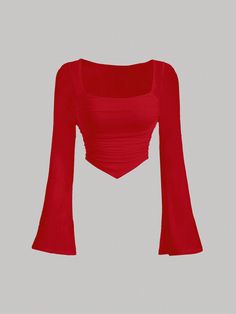 Red Casual Collar Long Sleeve Knitted Fabric Plain  Embellished Slight Stretch  Women Clothing Red Top Long Sleeve, Cute Red Shirts, Red Top Aesthetic, Cute Red Tops, Date Night Tops, Top Rojo, Top Manga Larga, Red Shirts, Skirt Inspiration