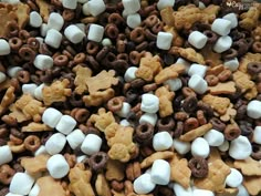 a mixture of marshmallows, pretzels and chocolate chip snack mix