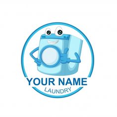 a logo for a laundry company with a cartoon character holding a washer and pointing at it