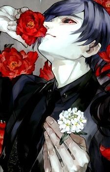 a man with black hair holding flowers in his hand