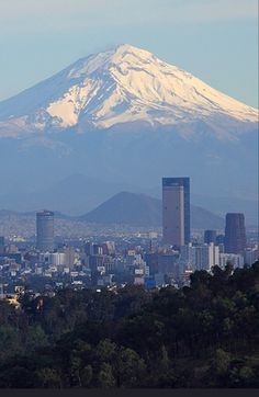 the city is surrounded by tall buildings and snow covered mountains in the distance are seen