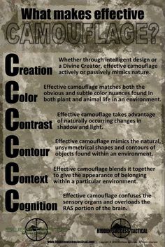 a camouflage poster with the words camouflage written in black and white, which includes information about what makes effective camouflage