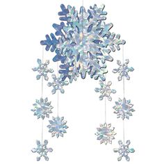 a wind chime with snowflakes hanging from it's sides on a white background