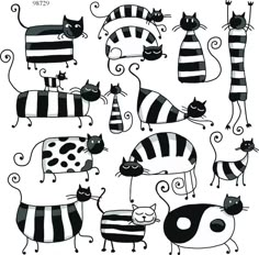 black and white drawing of cats with stripes on them