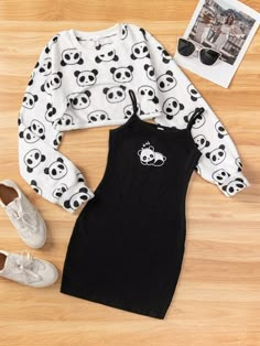 Panda Clothes, Clothes Shein, Panda Outfit, Knit Fabric Dress, Shein Clothes, Clothes For Teens, Clothing For Teens, Crop Pullover, Teen Clothes