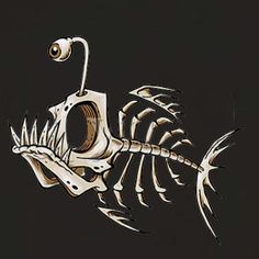 a fish skeleton with an eye on it's head and mouth is shown in the dark