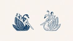 two drawings of people riding on the back of a swan in blue and white ink