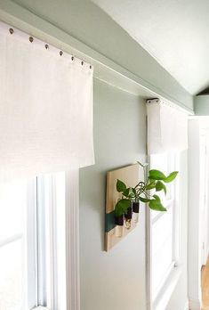 a potted plant hanging on the side of a wall next to a window sill