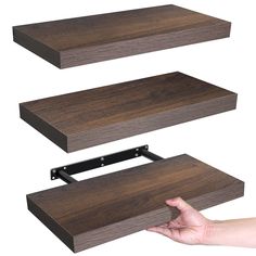 three wooden shelves with metal brackets on each side and one shelf above the other, in two different positions