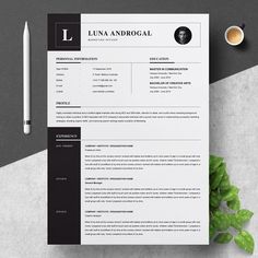 a clean and modern resume template with black accents on the cover page, next to a cup of coffee