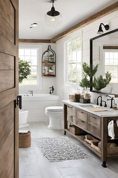 a bathroom with white walls and wood accents