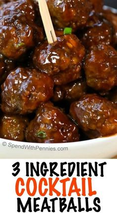 three ingredient cocktail meatballs in a white bowl with chopsticks on the top