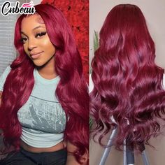 13x4 Hd Transparent Lace Front Wigs Human Hair Wig For Black Women Body Remy Human Hair 99j Burgundy