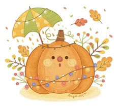 a pumpkin with an umbrella and some leaves