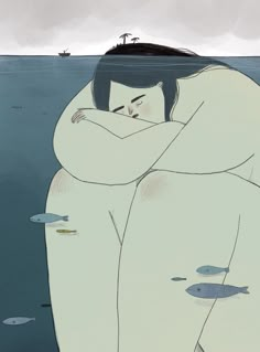 an illustration of a woman hugging her body in the water with fish around her neck