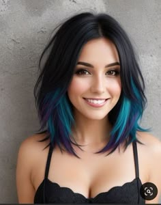 Black And Colored Hair Underneath, Purple Tipped Hair Brown, Tasteful Colored Hair, Touch Of Color Hair, Neck Length Haircuts For Women, Blue Ends On Brown Hair, Dyed Hair For Brunettes Highlights, Ways To Hide Grey Hair, Short In Front Long In Back Hair