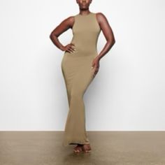 Questions? Leave A Comment Below! Fitted Sleeveless Khaki Dress, Elegant Fitted Khaki Maxi Dress, Fitted Khaki Maxi Dress, Long Slip Dress, Black Slip Dress, Sleeveless Long Dress, Scoop Neck Dress, Lounge Dress, Racerback Dress