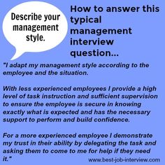 a blue poster with the words describe how to answer this type of management interview question