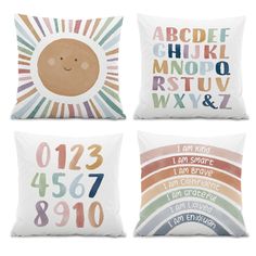 four pillows with different designs on them, one for each letter and the other for numbers