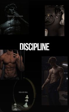 a man with no shirt standing in front of a black background and the words discipline on it