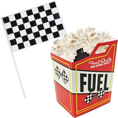 a box of popcorn with a checkered flag sticking out of it