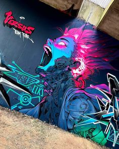 graffiti art on the side of a wall under a bridge in an urban area, depicting a woman with pink hair and blue eyes