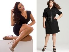 two photos of women in short dresses and high heels, one is posing for the camera