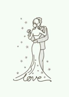 a drawing of a bride and groom holding each other with the word love on it