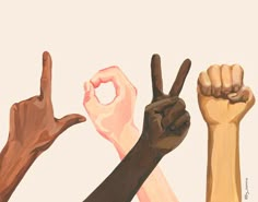 several different colored hands holding up the peace sign