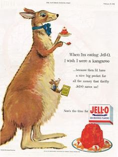 an advertisement for jello featuring a kangaroo holding a piece of cake