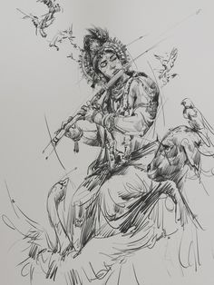 an ink drawing of a man on a horse with birds flying around his neck and head