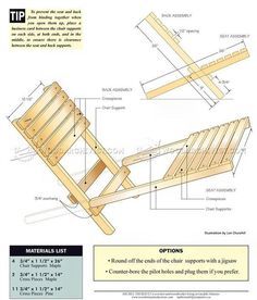 the plans for a wooden lawn chair are shown in this image, with instructions to build it