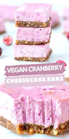 three vegan cranberry cheesecake bars stacked on top of each other with text overlay