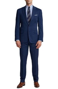 Tailored in a classic fit from Italian worsted wool, this two-piece suit presents a polished yet casual look. Jacket has front-button closure; notched lapels; three-button cuffs; chest pocket; flap pockets; interior pockets; double vents Trousers have zip fly with hook-and-bar tab closure; adjustable slider tabs; front slant pockets; back button-welt pockets Jacket is lined with 100% cupro; trousers are lined to the knee Lined 100% wool Dry clean Made in Italy Men's Designer Clothing Wool Suits With Notch Lapel, Wool Slim Fit Suits For Workwear, Wool Suit With Suit Collar For Office, Slim Fit Wool Suits For Work, Wool Suits With Suit Collar For Office, Slim Fit Wool Suit For Office, Professional Wool Suits For Office, Classic Fitted Double-breasted Suit For Work, Fitted Double Breasted Suit With Notch Lapel