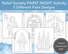 the nativity coloring book with five different pictures and text that reads, relief society paint night