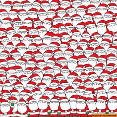 a large group of santa clauss with red hats and beards on their heads