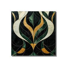 an art deco tile design with gold and green leaves on black marble, in the style of art deco