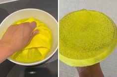 two pictures side by side, one with yellow substance and the other with green substance