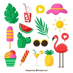 various tropical items are arranged in the shape of a circle, including pineapples and watermelon