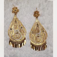 Beautiful Handcrafted One-Of-A Kind Detailed Gold-Tone Earrings Romani Earrings, Festive Ornate Gold Plated Earrings, Desi Earrings, Ornate Gold Dual-tone Earrings, Ornate Yellow Gold Brass Earrings, Gold Bohemian Filigree Chandelier Earrings, Gold-tone Gold Plated Dangle Chandelier Earrings, Golden Jewellery, Three Necklaces