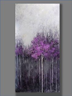 an abstract painting of purple trees in the woods with white and gray colors on it