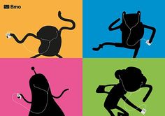 the silhouettes of people with headphones are depicted in four different colors