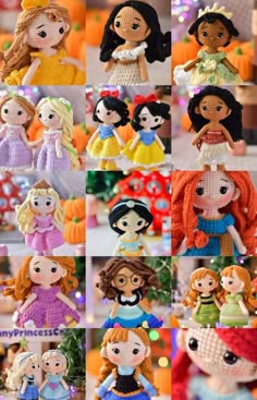 crocheted dolls are shown in different styles and sizes, including one girl with long hair