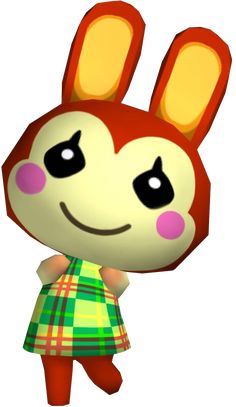 an animal crossing character is wearing a green and yellow plaid dress with ears on it's head