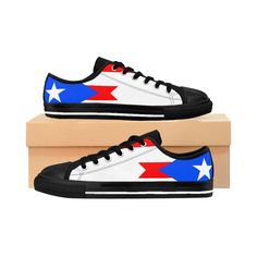 Celebrate the Boricua spirit and the flag of Puerto Rico with our black and white Puerto Rican Women's Low Top Sneakers. These stylish and vibrant sneakers allow you to showcase your love and pride for this beautiful Caribbean island with every step you take. Crafted with meticulous attention to detail, these low top sneakers feature a white canvas shoe with a black sole. It serves as the perfect backdrop for the flag-inspired design. The flag of Puerto Rico, with its bold red, white, and blue s Caribbean Outfits, White Canvas Shoes, Love And Pride, Sneakers Athletic, Puerto Rican, Low Top Sneakers, Designer Sneakers, White Canvas, Shoes Trainers